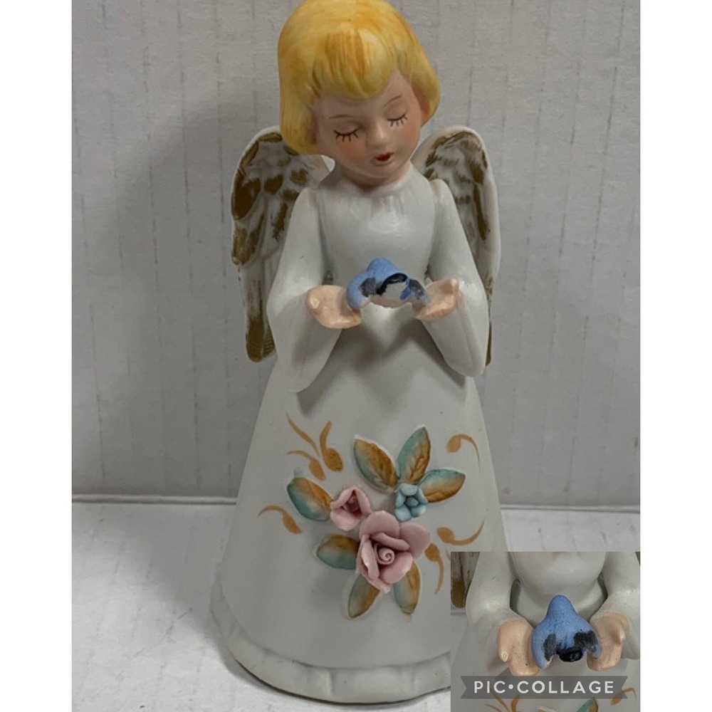 Vintage Angel Figurine Bell Bluebird Floral Detail Ceramic Decor Home Interiors